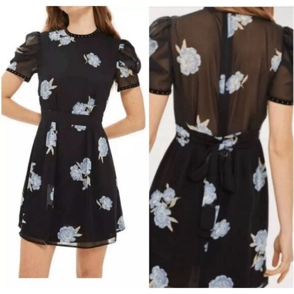 Topshop Puff Sleeve Floral Knee Length Party‎ Dress Chiffon Black Blue Size 6 - Picture 1 of 16